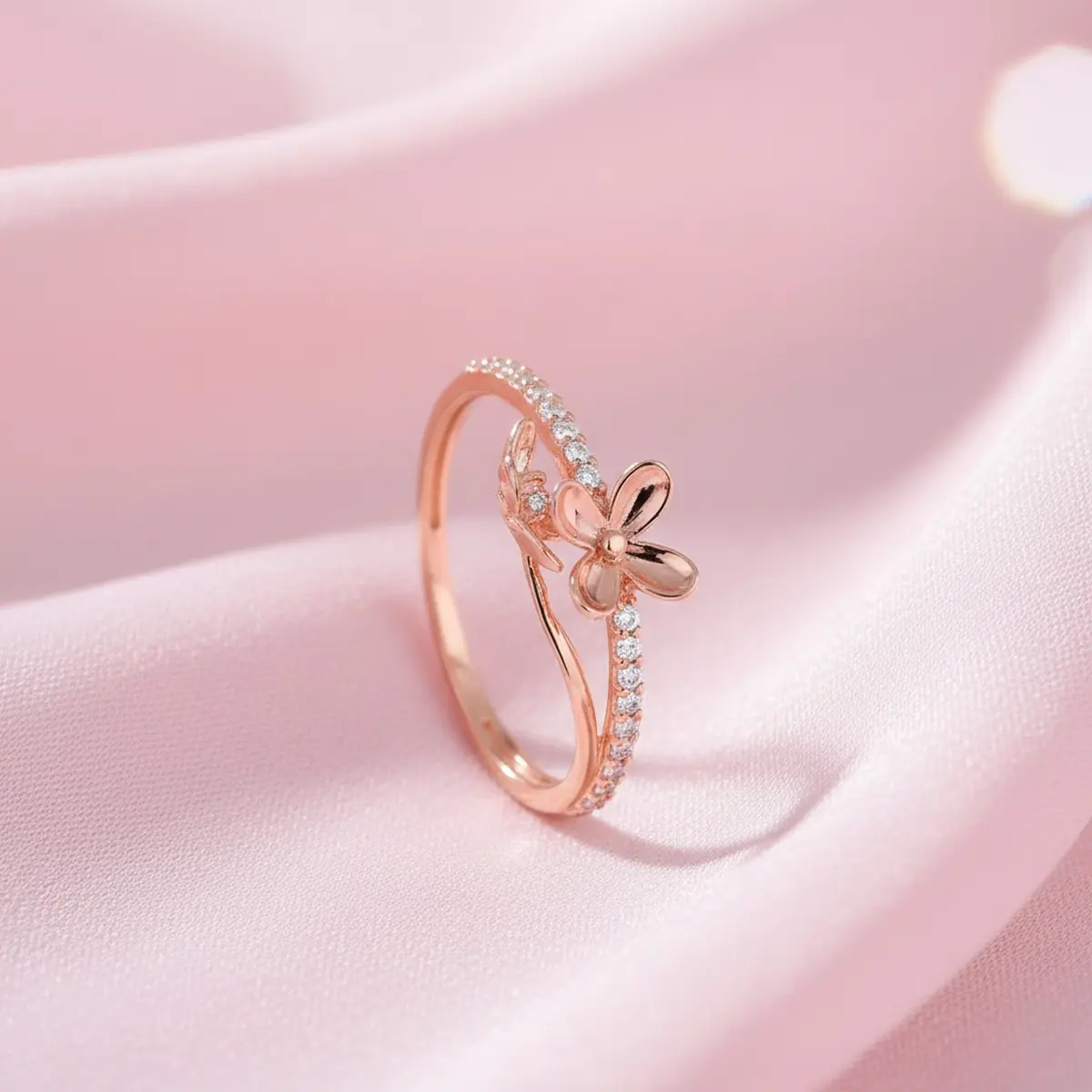 Rosette Dewdrop Ring rosette floral ring with dewdrop sparkle.